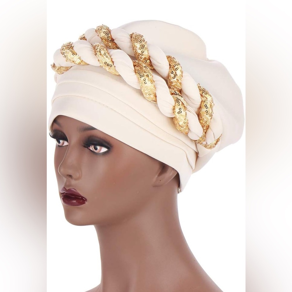 Chic white and Gold Sequin Turban Headwrap